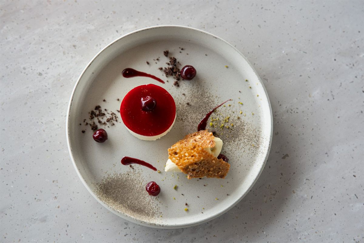 A plated dessert with berries and sauce on a white plate